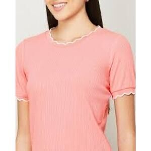 Code Classic Coral Pink Ribbed Scallop Trim Fitted Tee Size XS